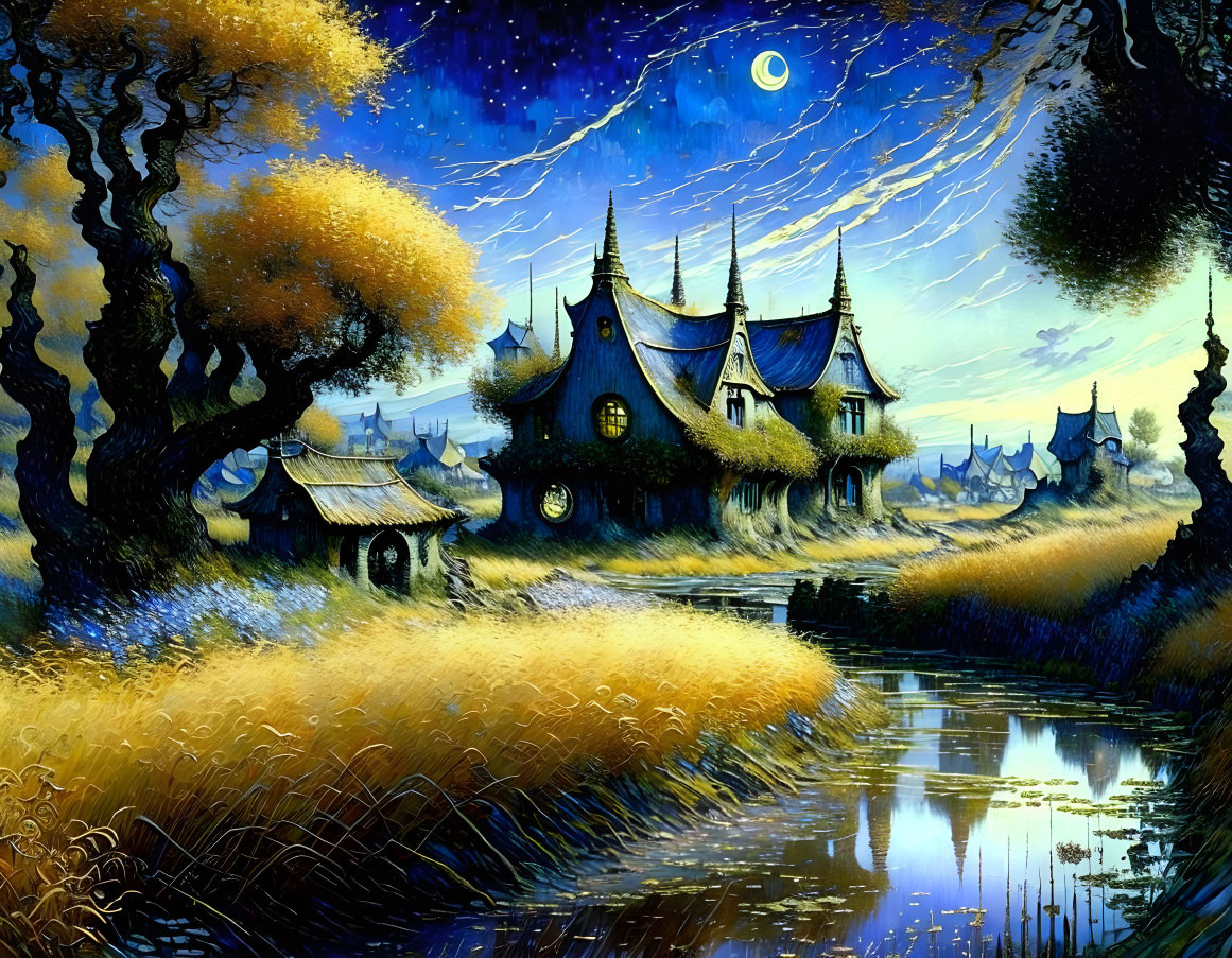 Whimsical village under starry night sky with golden trees