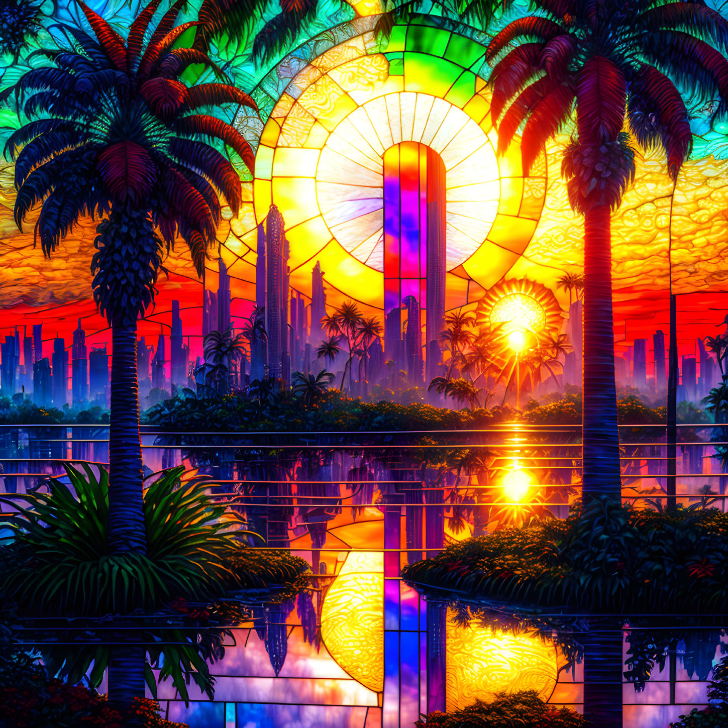 Surreal cityscape at sunset with palm trees, futuristic buildings, and colorful sky.