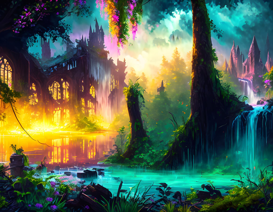 Fantastical landscape with glowing river, waterfalls, lush greenery, and castle ruins