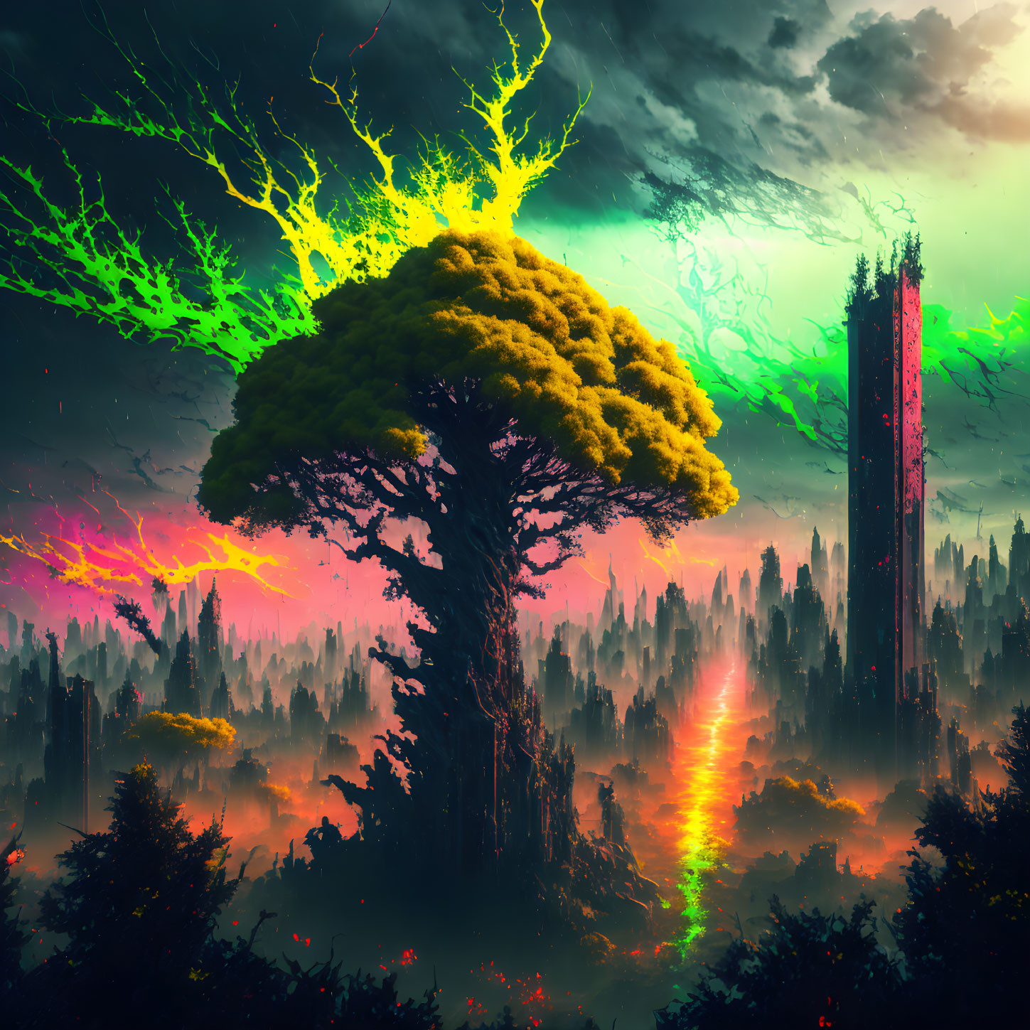 Surreal landscape with oversized glowing tree in neon forest