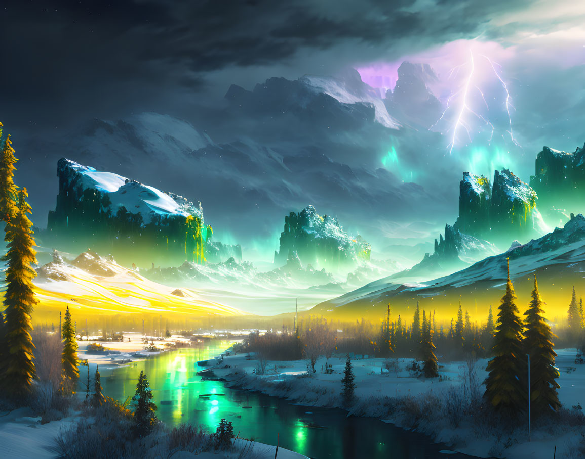 Snow-covered mountainous nightscape with auroras and lightning burst