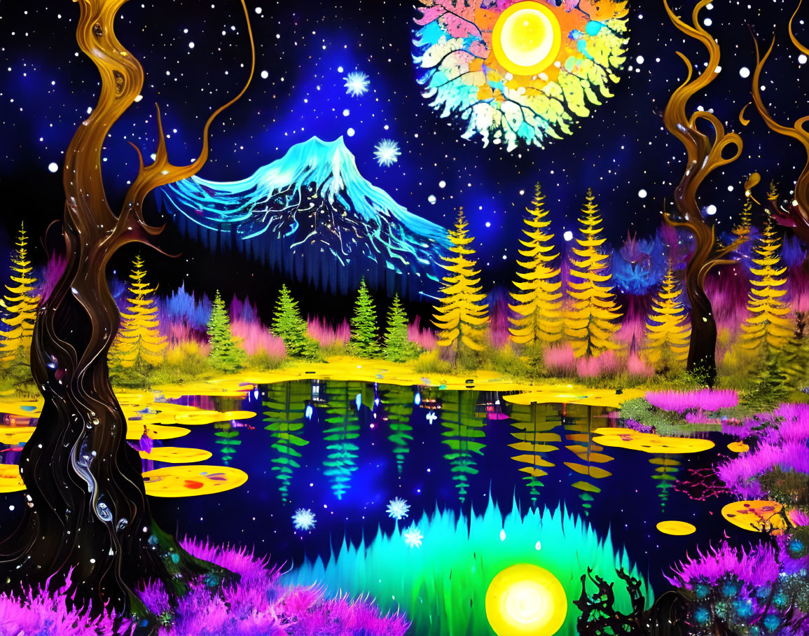 Colorful Psychedelic Landscape with Twisted Trees and Starry Sky