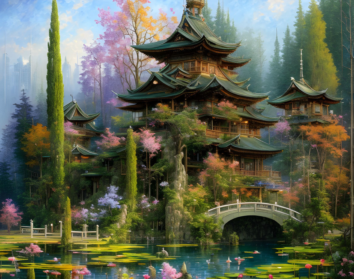 Traditional Pagoda by Calm Pond with Lotuses and Cherry Blossoms