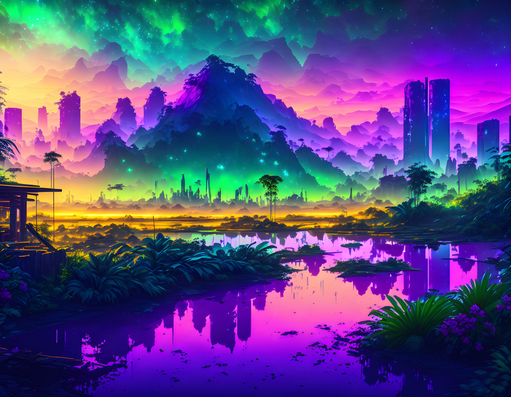 Futuristic landscape digital artwork with neon colors and city silhouettes