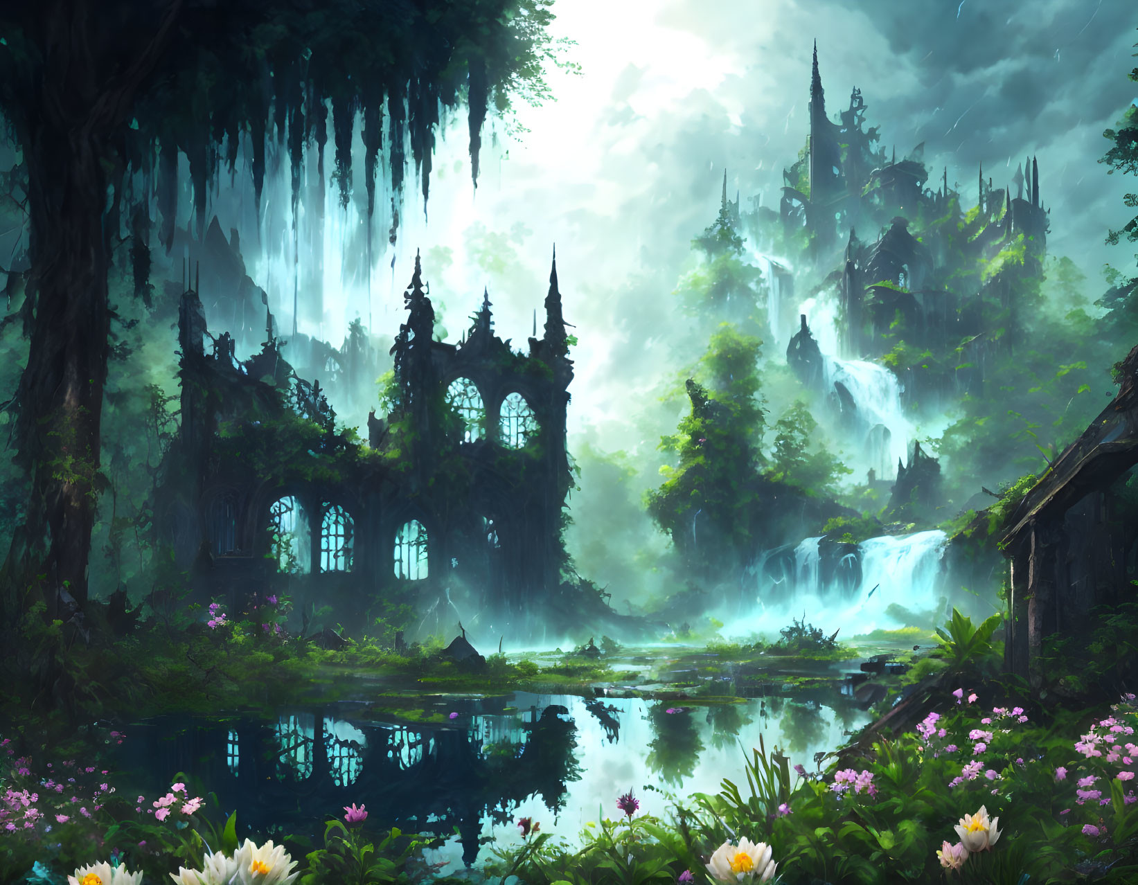 Ethereal fantasy landscape with gothic castle, lush greenery, waterfalls, pond, flowers