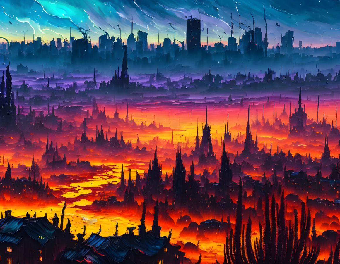 Digital artwork: Dystopian cityscape at sunset with fiery skies, futuristic buildings, and neon lights