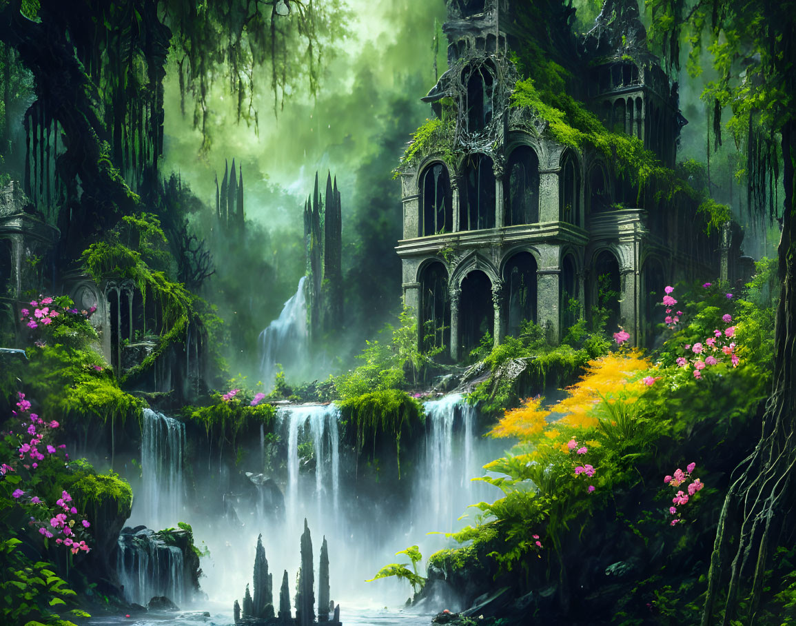 Vibrant Flora and Waterfalls in Enchanting Fantasy Forest