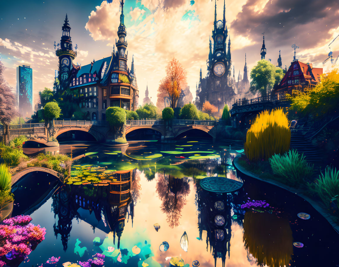 Gothic-style fantasy landscape with ornate buildings and river bridges under a sunset sky