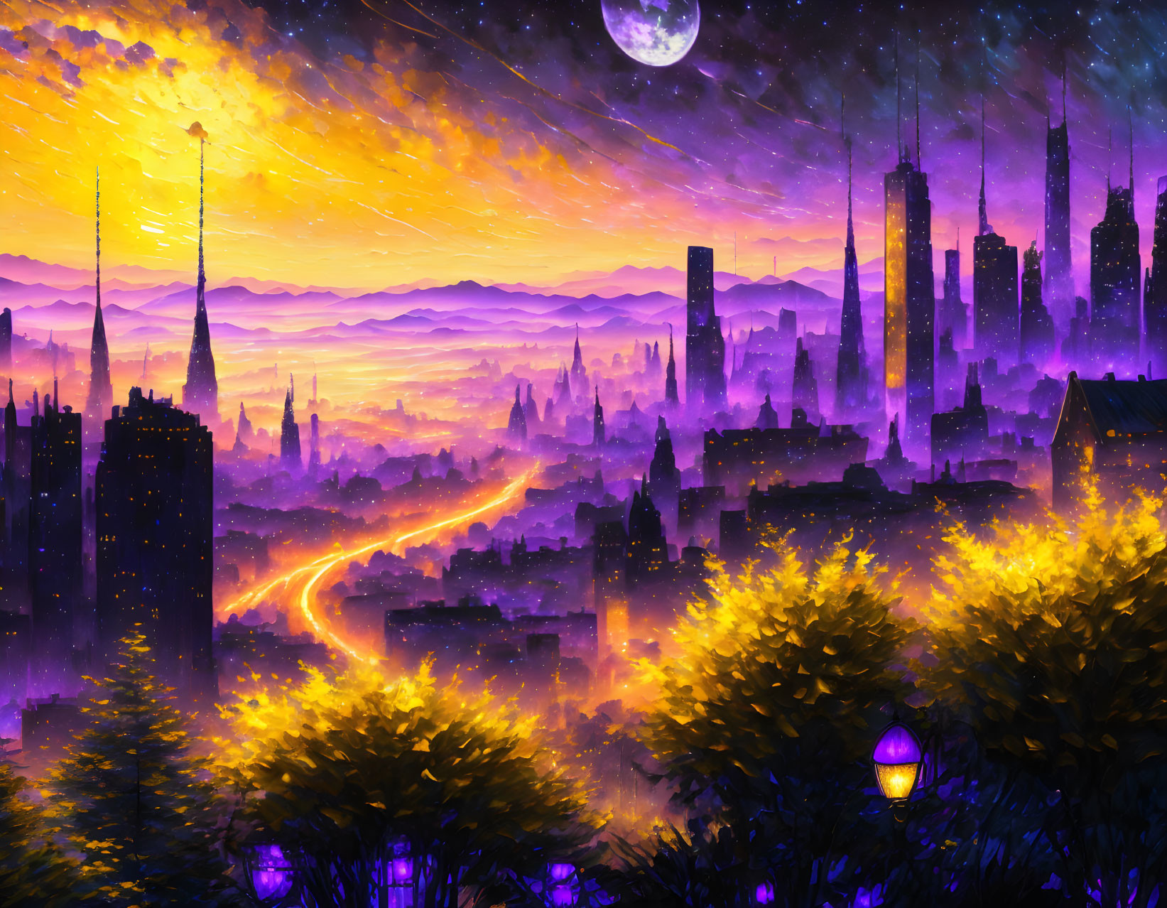 Digital artwork: Futuristic cityscape at twilight with vibrant purple and orange hues, high-rises,