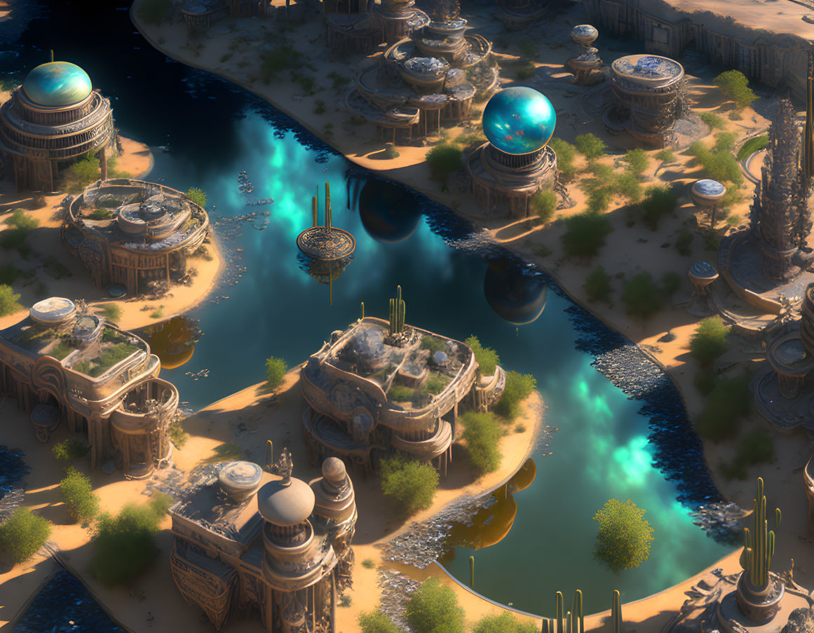 Futuristic cityscape with elaborate buildings and domes near serene water bodies.