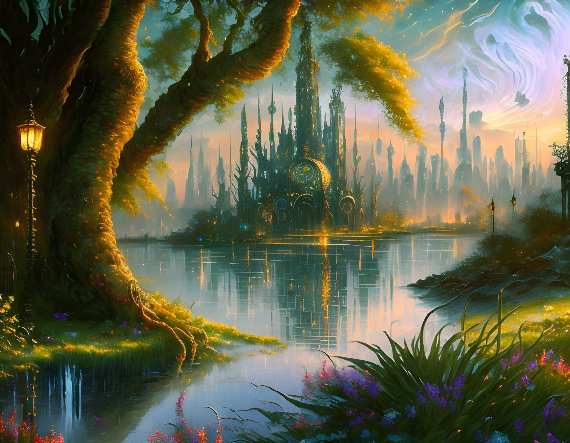 Fantastical landscape with ethereal castle, vibrant flora, serene lake