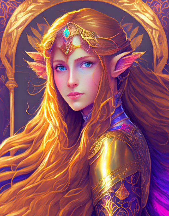 Elf illustration: Blue-eyed, orange-haired, tiara, armor, staff