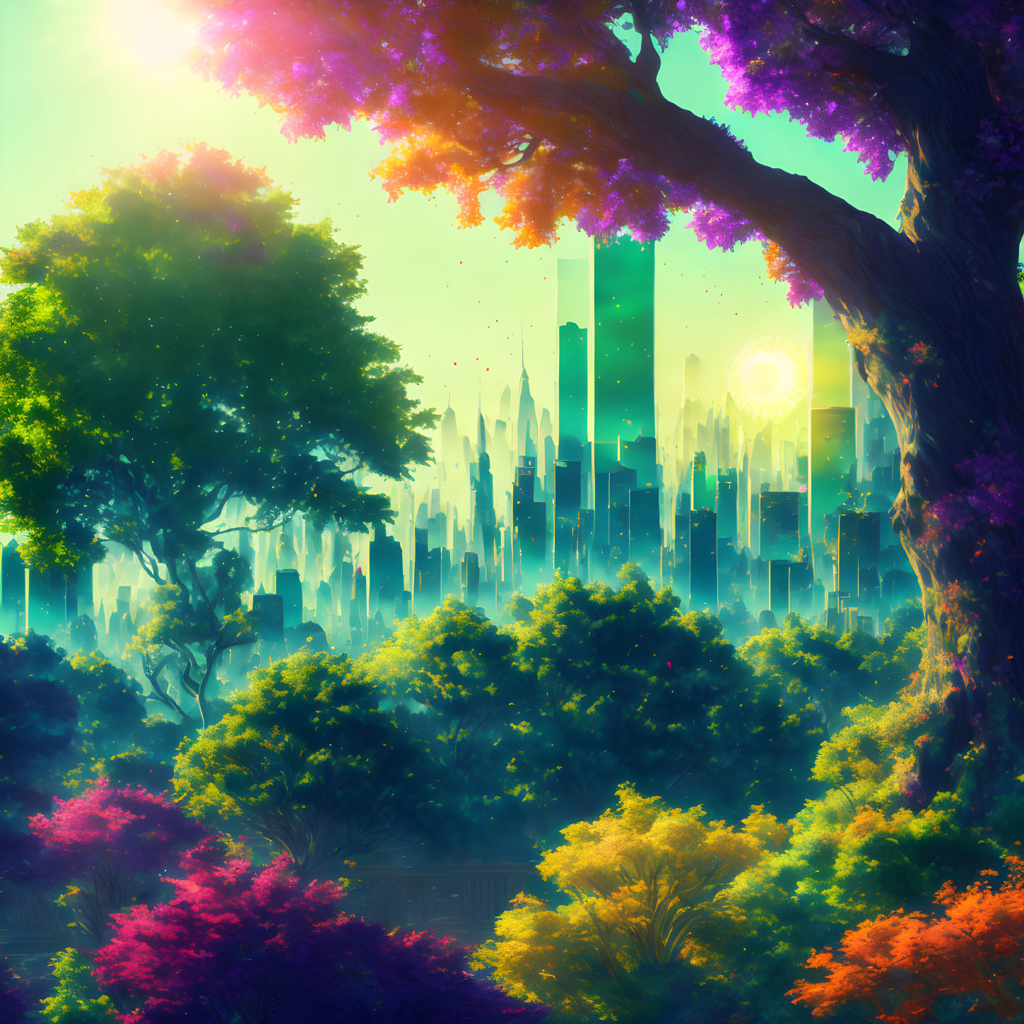 Vibrant fantasy landscape with ancient tree and futuristic city in golden sunlight