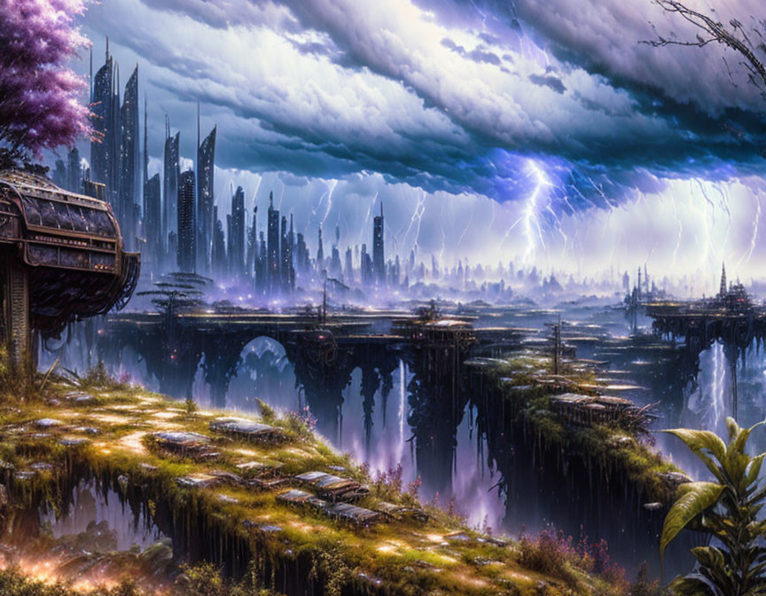 Futuristic cityscape with skyscrapers, stormy sky, lightning, and lush vegetation