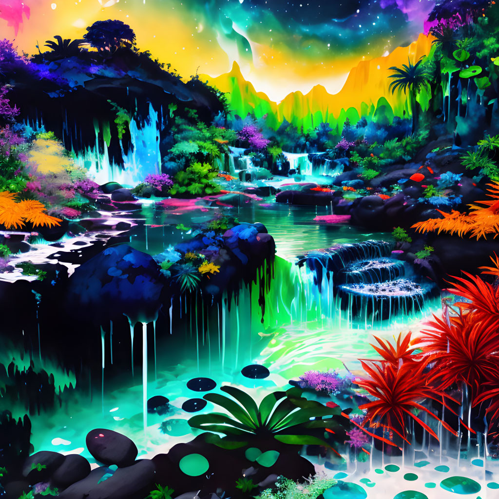 Surreal neon landscape with waterfalls, exotic flora, and starry sky