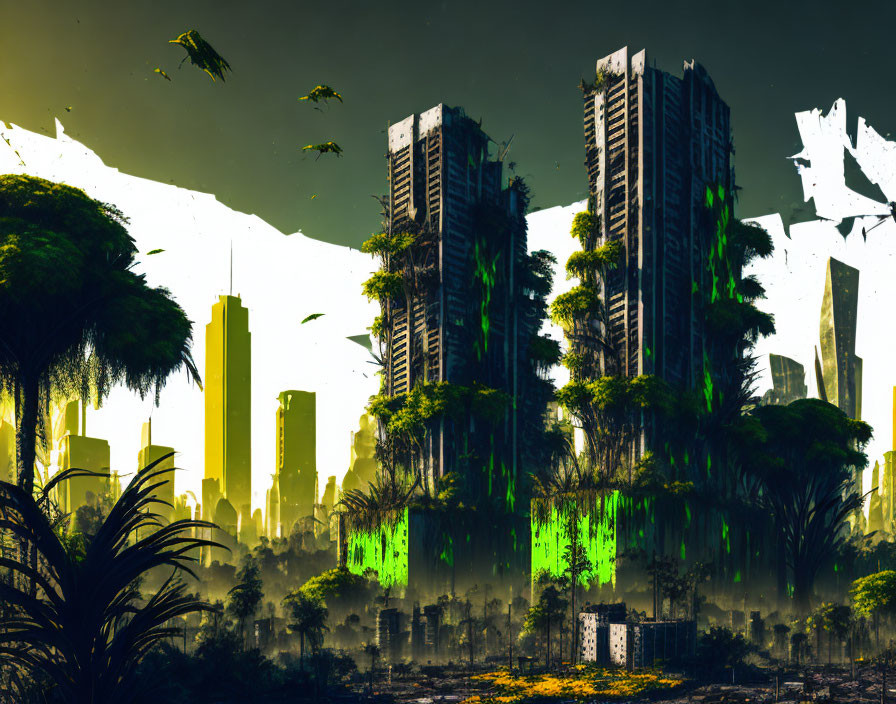 Overgrown high-rise buildings in futuristic dystopian cityscape