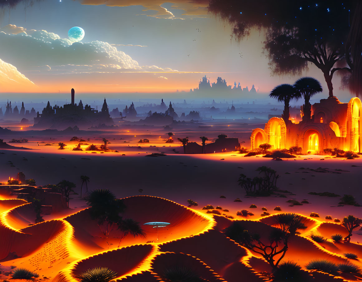 Futuristic desert landscape: glowing structures, alien flora, rivers of light, large moon