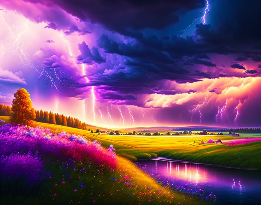 Scenic landscape with thunderstorm, lightning strikes, river, flowers, and cloudy sky