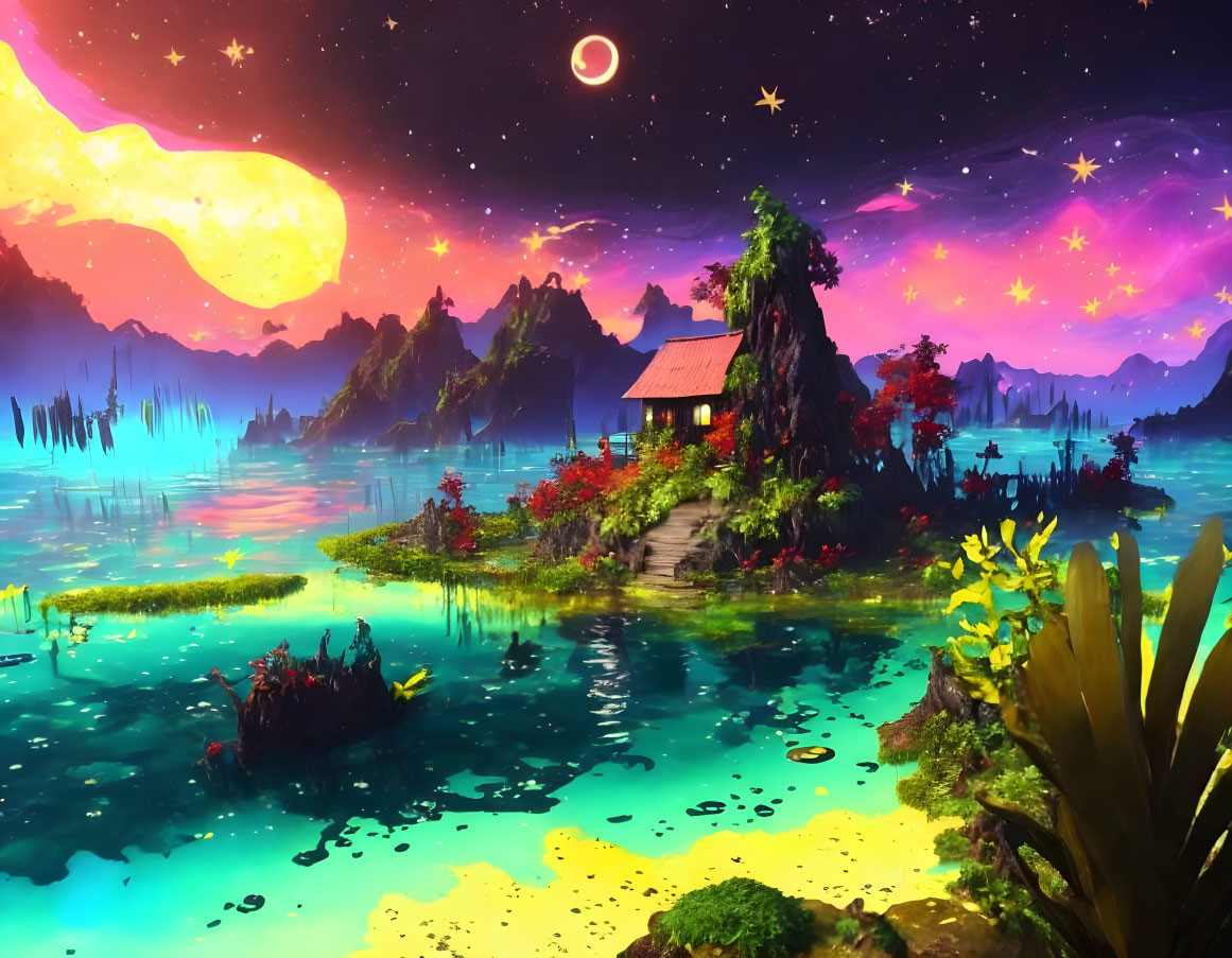 Fantasy landscape with isolated house on small island in colorful lagoon under starry sky.