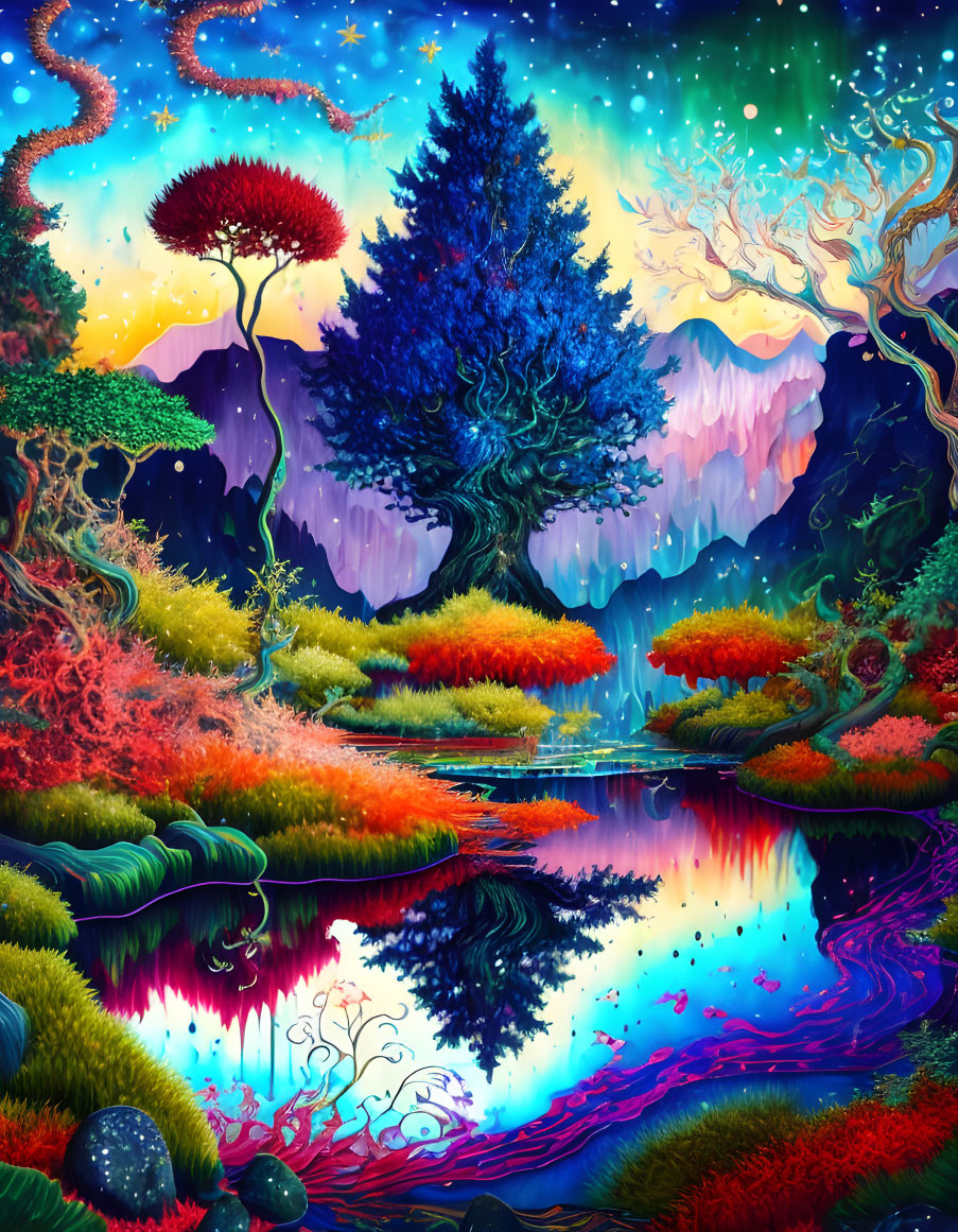 Colorful Fantasy Landscape with Starry Sky, Serene Lake, and Whimsical Trees