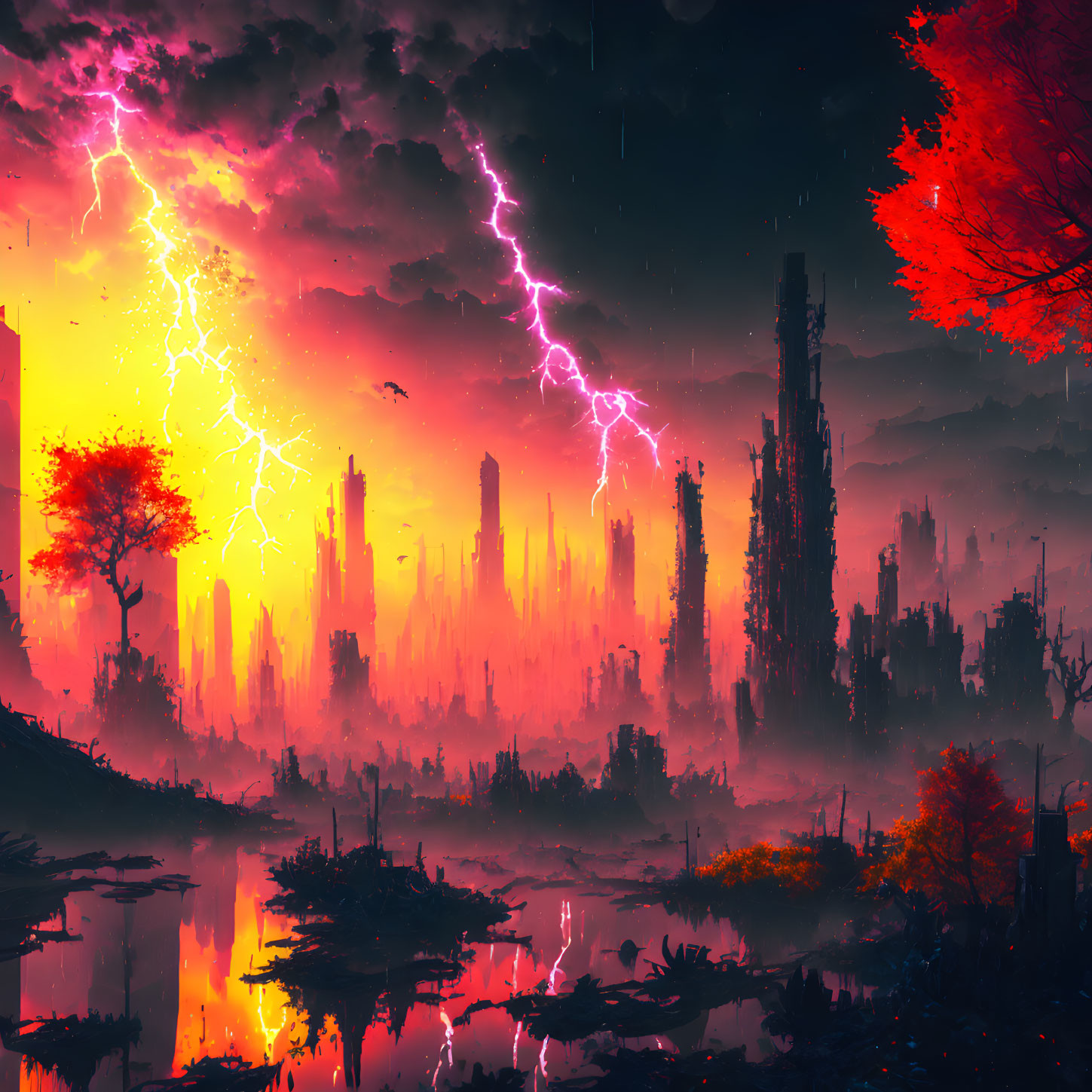 Dystopian landscape with red foliage, lightning, dark cityscape, stormy sky, and water