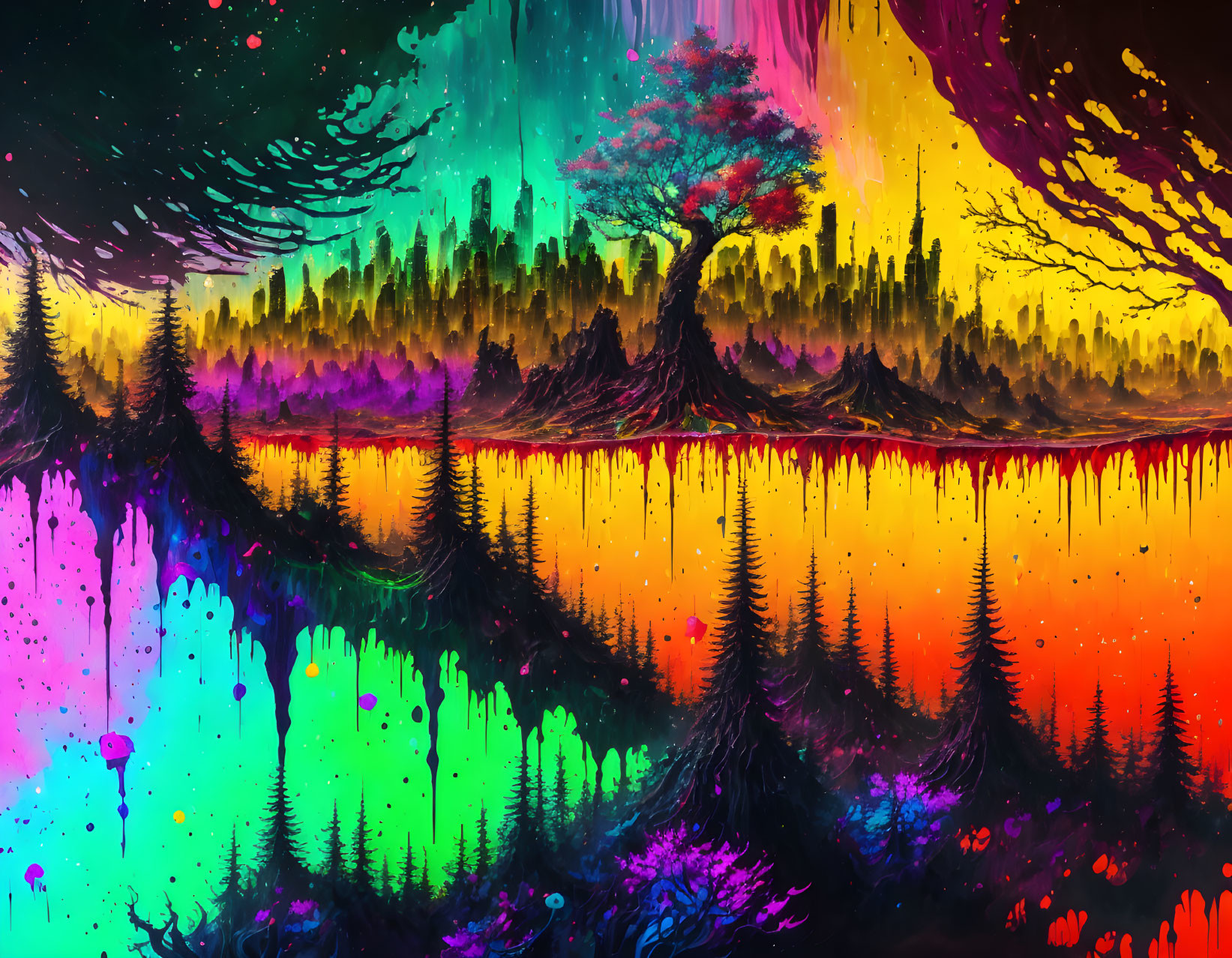 Mystical forest digital painting with neon colors and vivid reflection