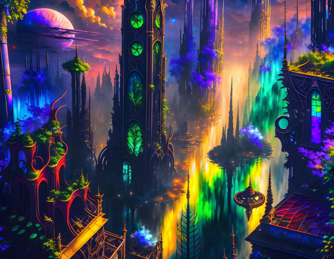 Futuristic neon cityscape with towering spires