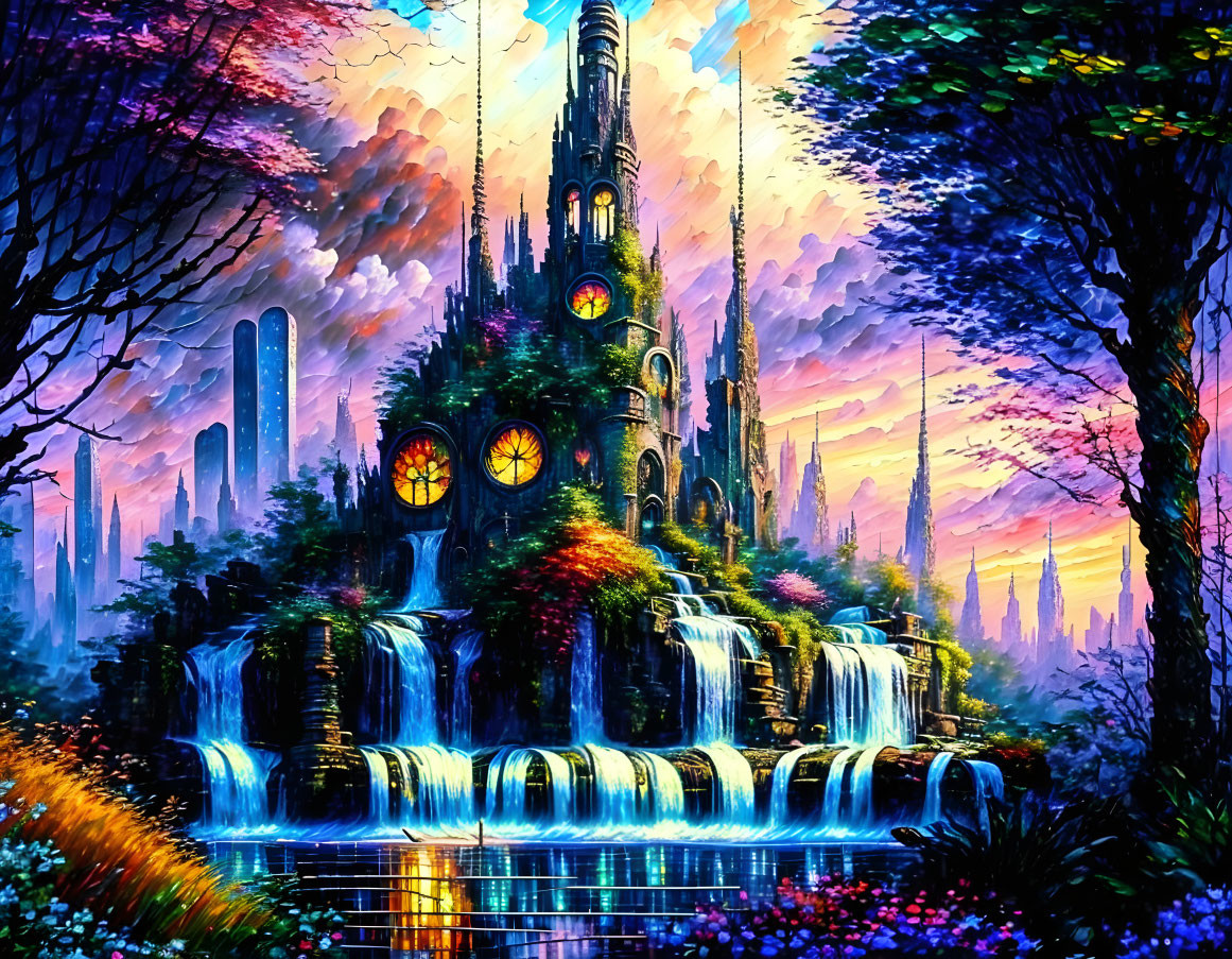 Colorful fantasy landscape with clock tower castle, waterfalls, trees, and illuminated sky