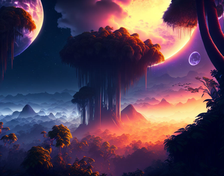 Fantastical landscape with floating islands and multiple moons.