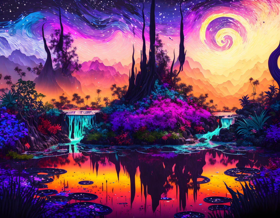 Colorful surreal landscape with cascading waterfalls and whimsical sky