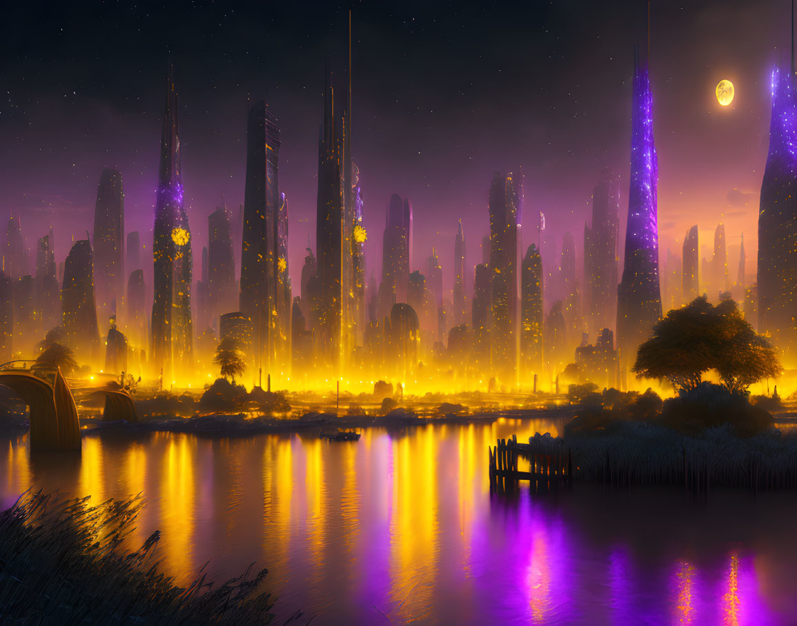 Futuristic cityscape at twilight with glowing skyscrapers and full moon reflected in water