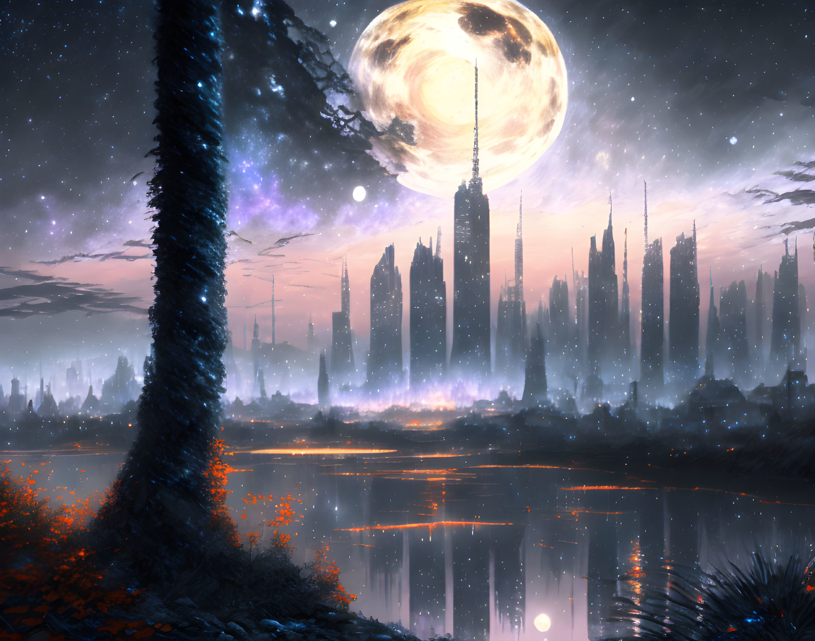 Futuristic night cityscape with towering spires, moon, stars, river, and tree