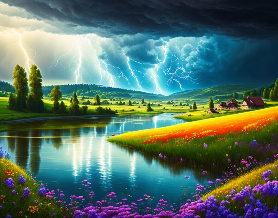 Colorful landscape with lightning-reflected river in thunderstorm.