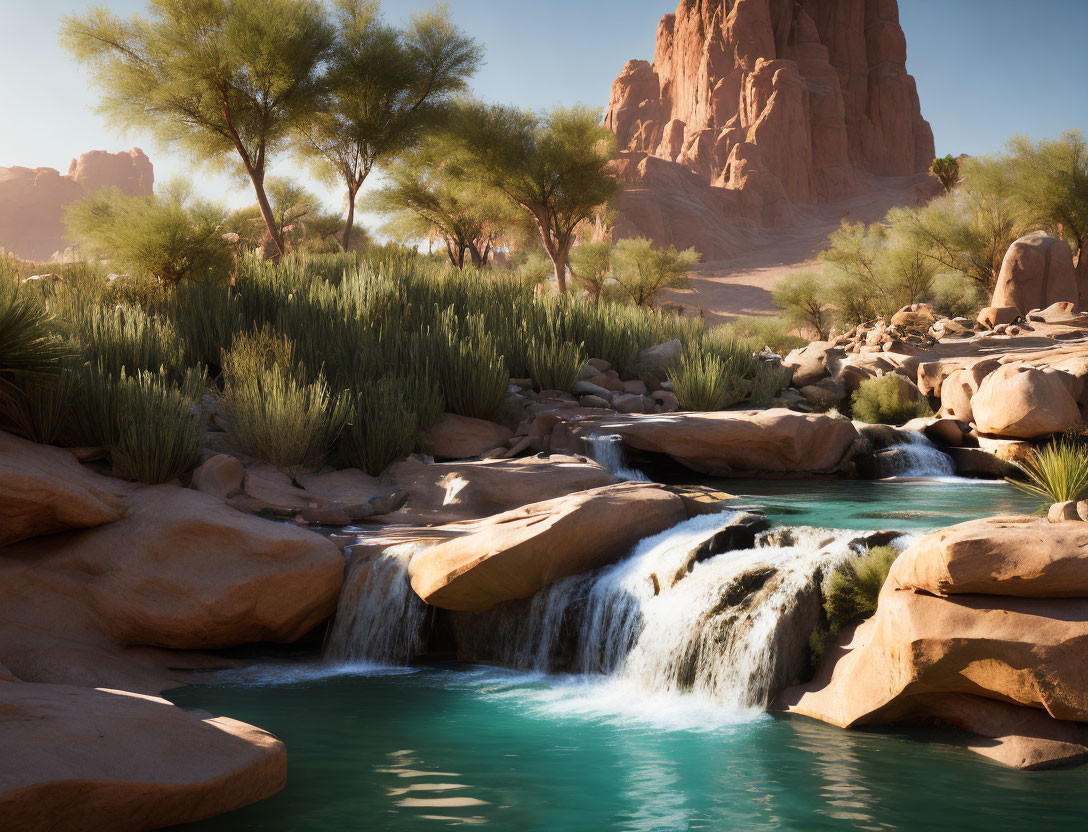 Tranquil desert oasis with waterfall, blue pool, greenery, and sandstone cliffs