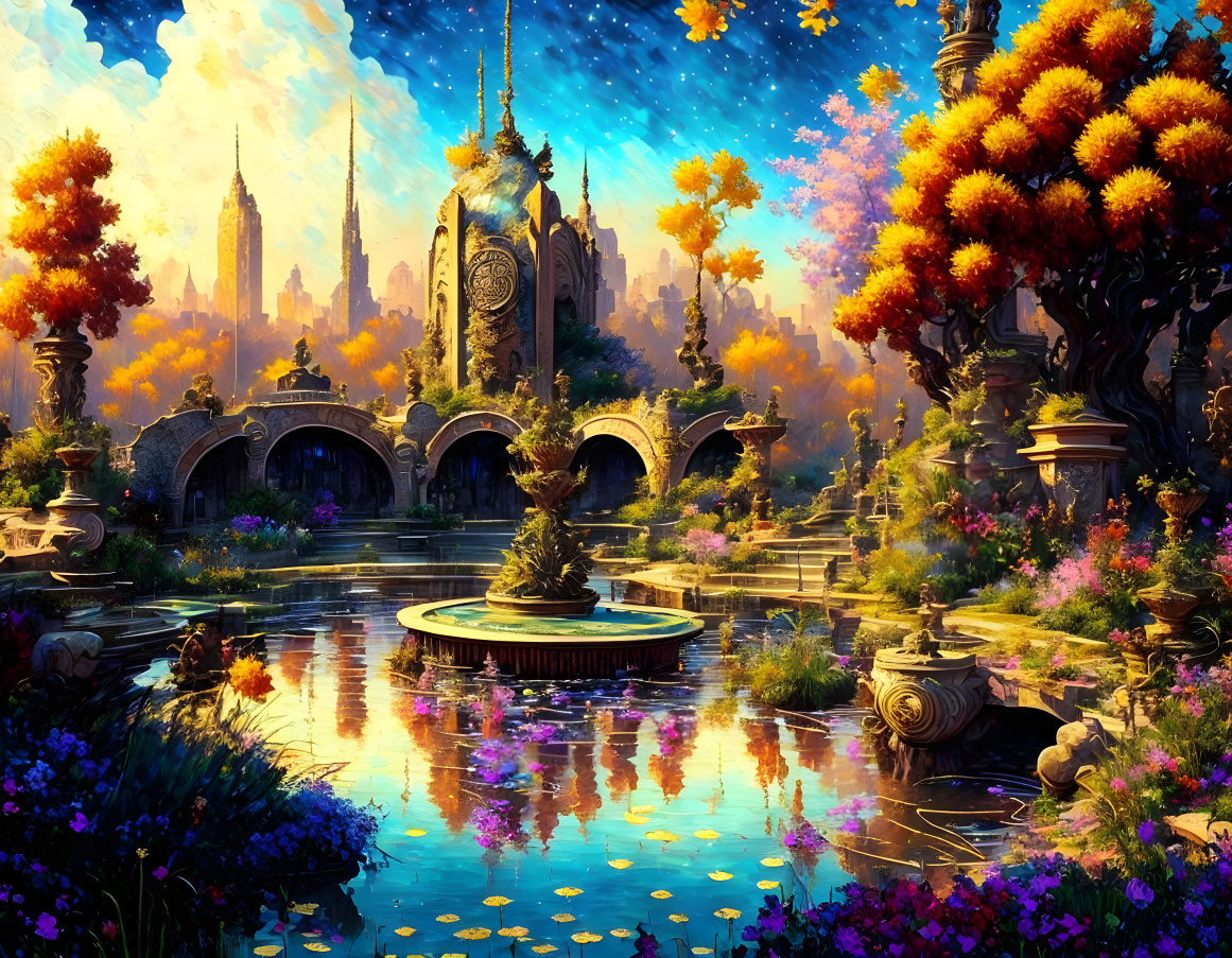 Fantasy landscape with starry sky, ornate fountain, colorful trees, and intricate architecture.