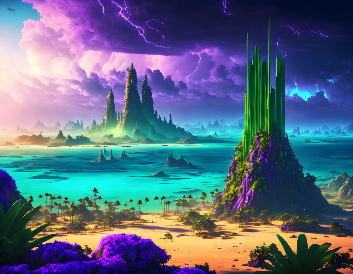 Fantastical landscape with green crystal spires, purple foliage, stormy sky, and turquoise waters