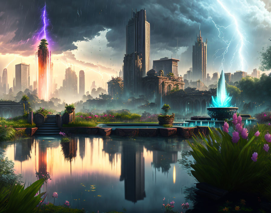 Futuristic cityscape with thunderstorms, lightning, high-rise buildings, greenery, and reflective