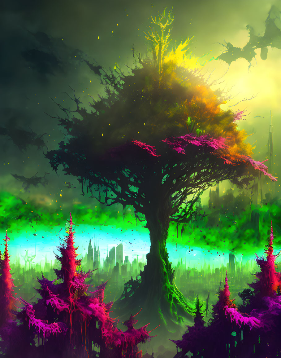 Vibrant Fantasy Landscape with Enormous Tree and Neon Hues