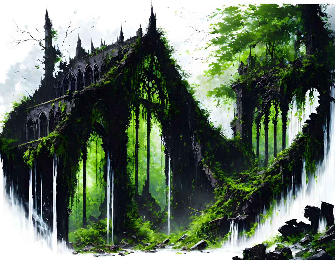 Overgrown Gothic ruins in lush forest with waterfalls