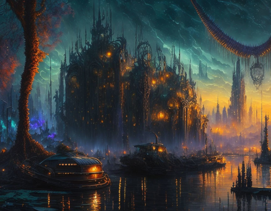 Fantastical Nocturnal Cityscape with Glowing Structures and Boats