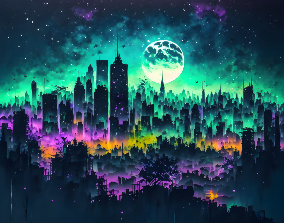 Futuristic city skyline with moon and aurora in digital art