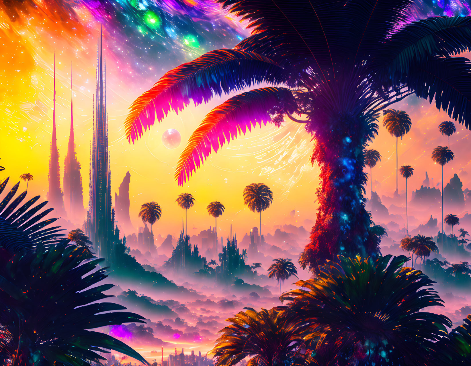 Colorful skyline with skyscrapers and palm trees in a futuristic, neon-infused cityscape.