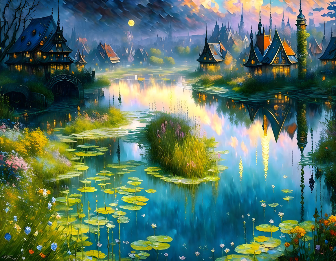 Tranquil moonlit fantasy village by river and lush greenery