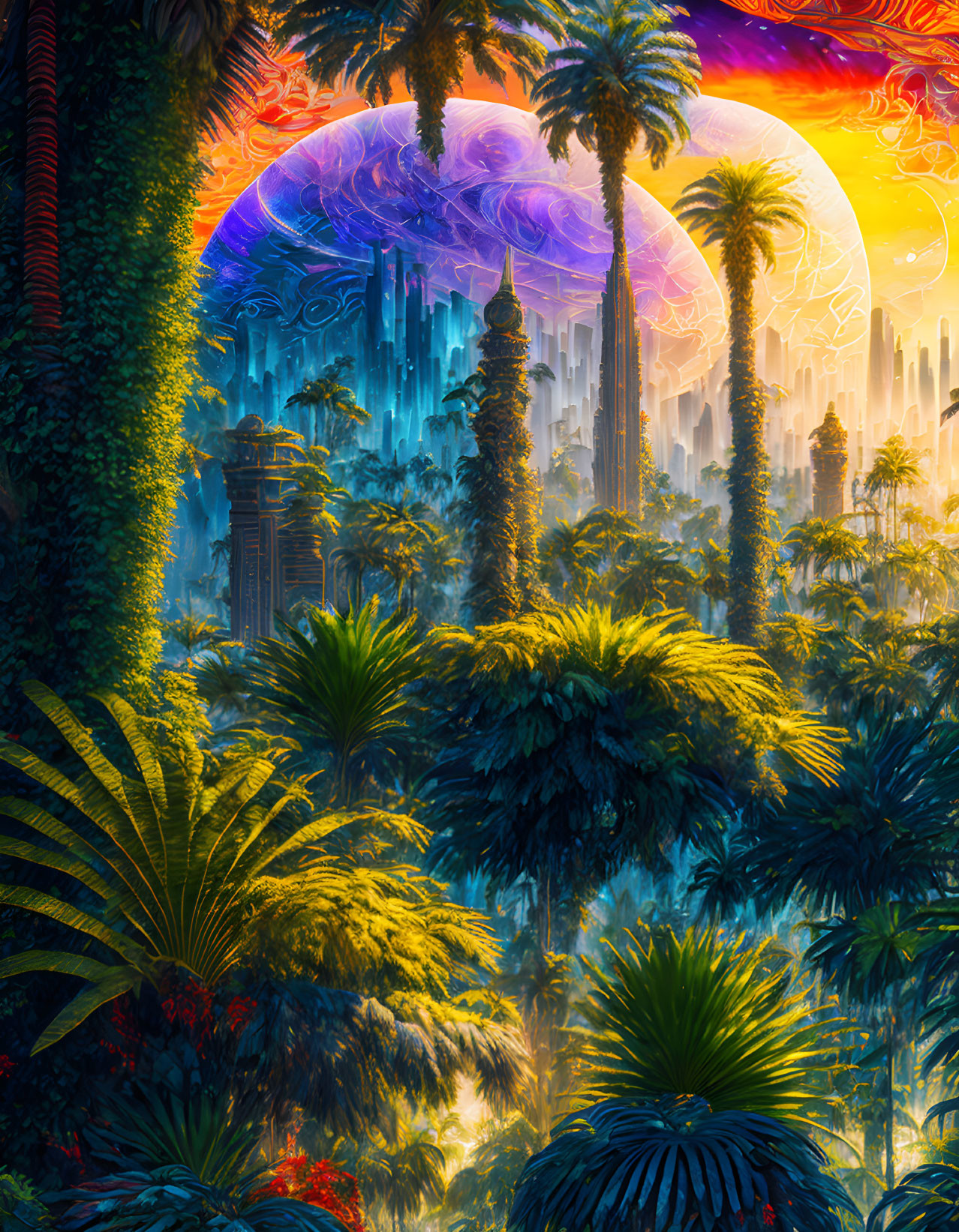 Colorful sci-fi landscape with lush greenery and otherworldly city under massive nebula