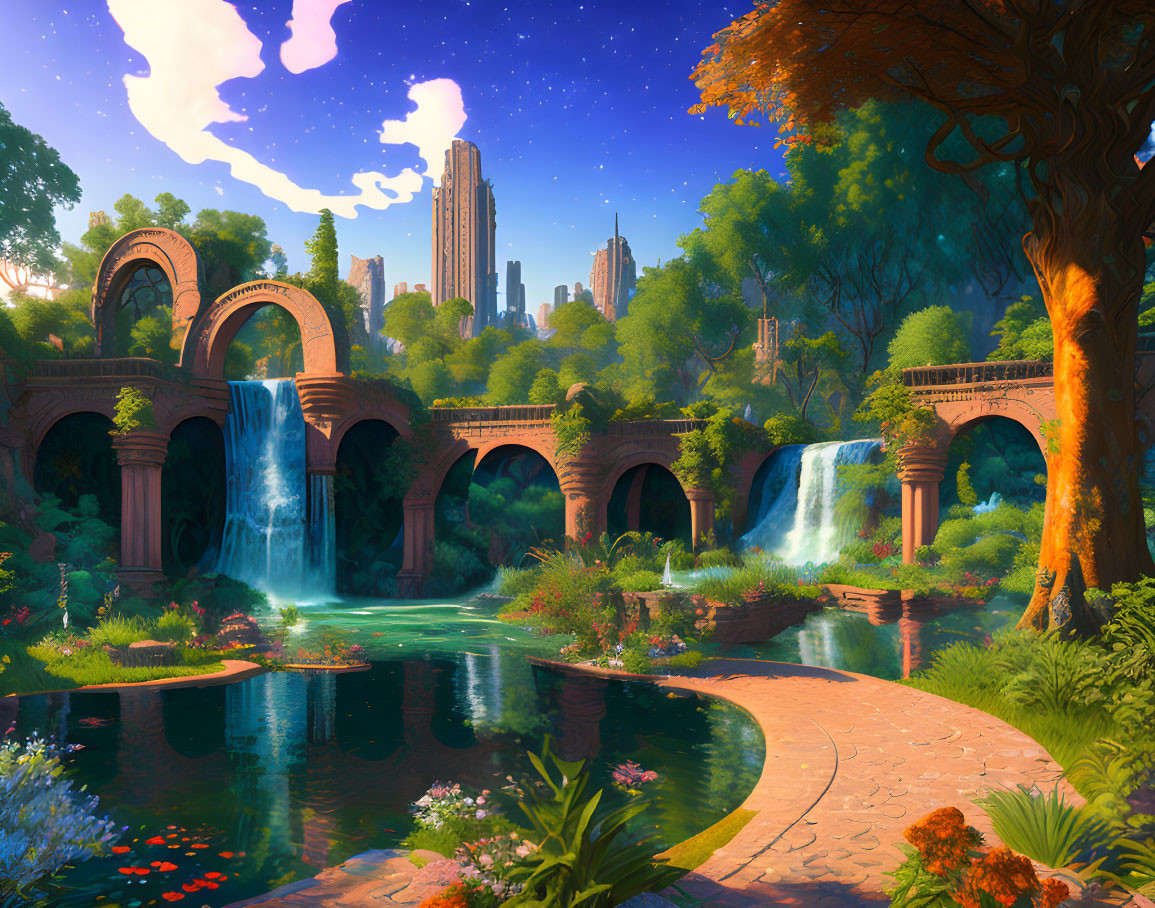 Tranquil landscape with waterfalls, pond, greenery, ancient bridges, and skyscrapers