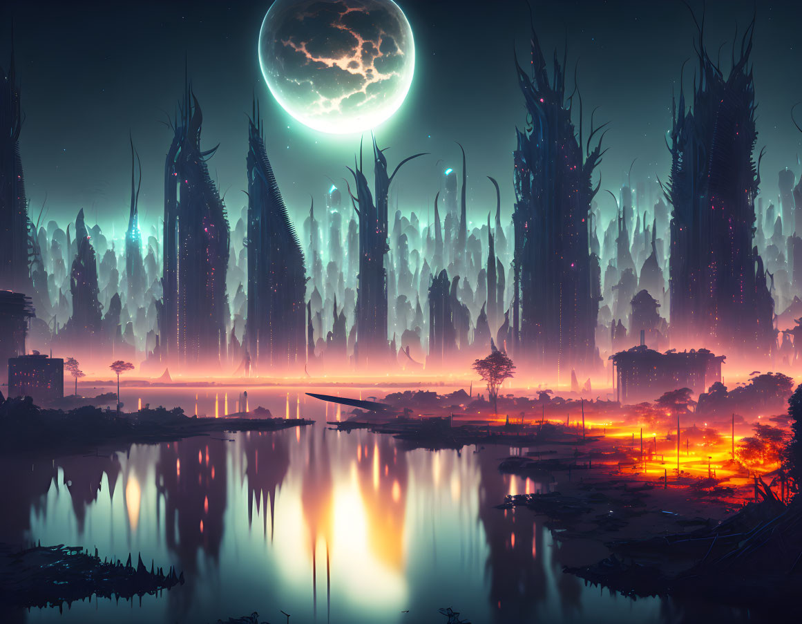 Surreal twilight landscape with large moon, luminous structures, reflective water, remnants of civilization,