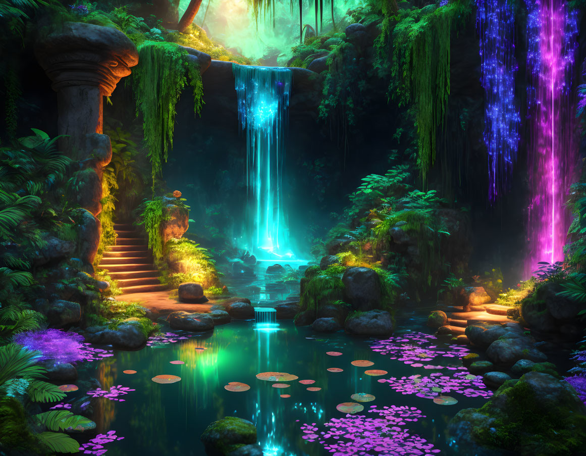 Vibrant blue and purple waterfalls in mystical forest setting