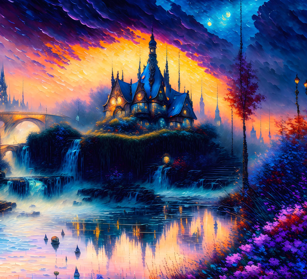 Fantasy landscape with glowing castle above waterfall at sunset