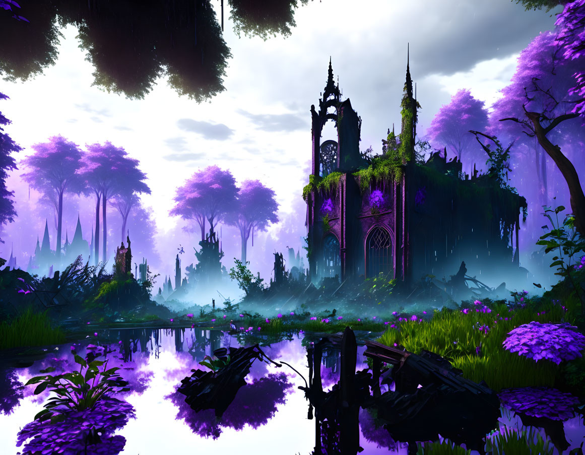 Mystical Gothic ruin in purple landscape with reflective water