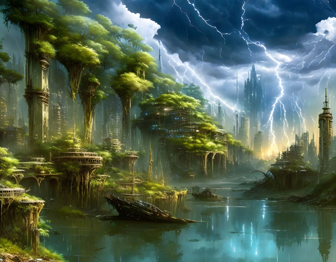 Fantasy landscape with towering trees, ruins, river, skyline, and lightning.